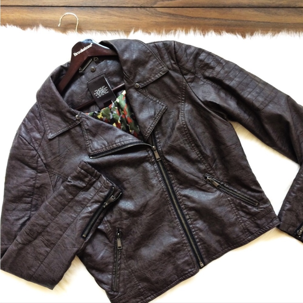 J2 Brown Faux Leather Cropped Moto Lined Jacket - Picture 3 of 16